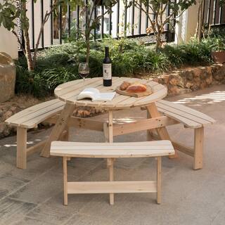 GARDENISED Natural 6-Person Round Wooden Outdoor Picnic Table with Bench for Patio with Umbrella Hole QI003904.N