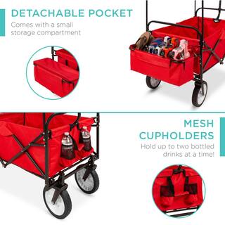 Best Choice Products 24 in. x 39 in. Utility Cargo Wagon Foldable Cart wRemovable Canopy Cup Holders in Red SKY1882