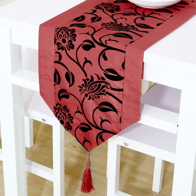 1 Pc Flocking And Imitated Silk Raised Flower Blossom Flocked Damask Table Runner Cloth Piccocasa