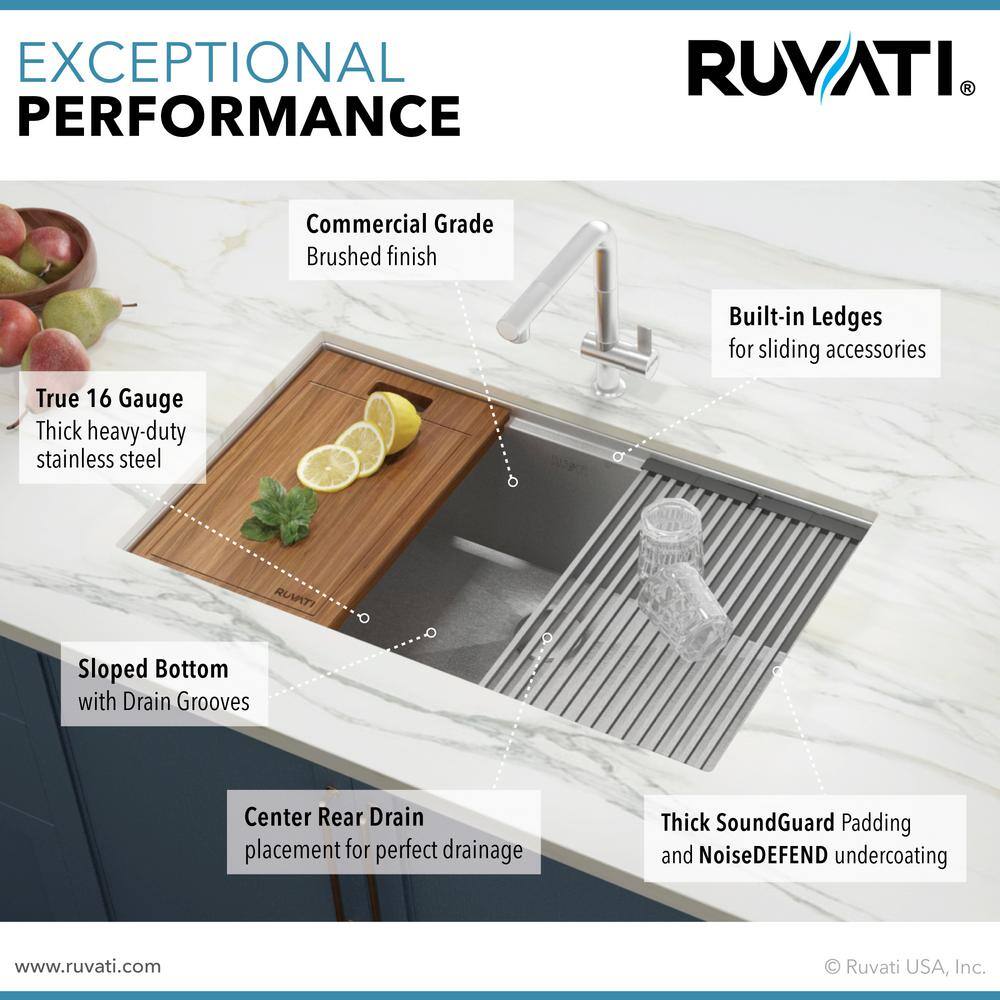 Ruvati 32 in. Single Bowl Undermount 16-Gauge Stainless Steel Ledge Kitchen Sink with Sliding Accessories RVH8300