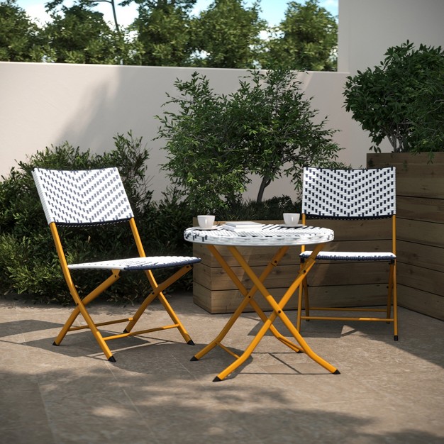 Flash Furniture Rouen Three Piece Folding French Bistro Set In Pe Rattan With Metal Frames For Indoor And Outdoor Use