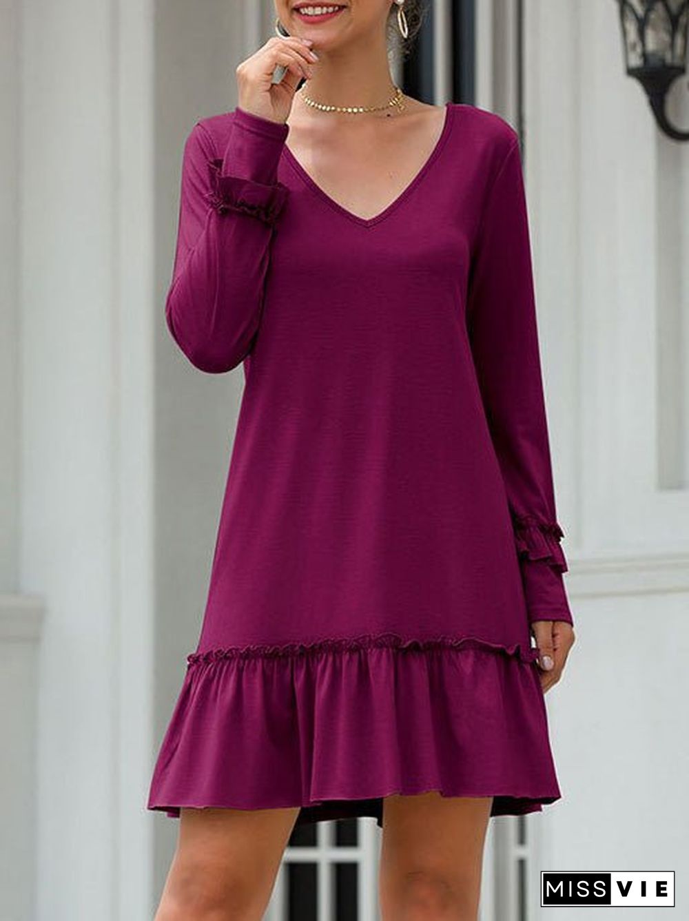 Women'S Dresses Solid V-Neck Ruffle Long Sleeve Dress