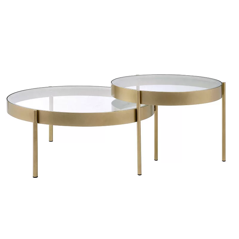 Contemporary Metal and Glass Round Nesting Table， Set of 2， Gold and Clear