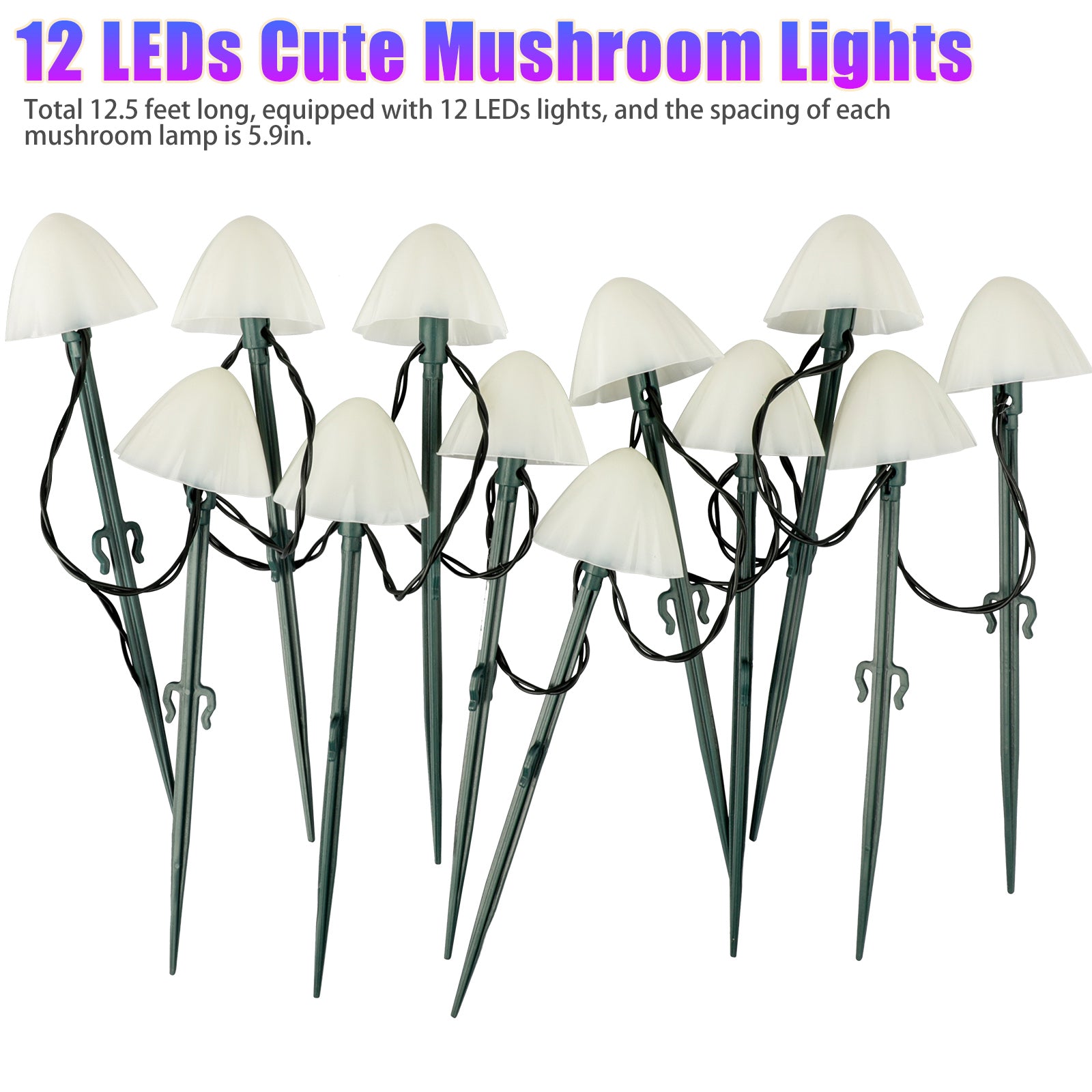 12.5ft Outdoor Solar Garden Lights， EEEkit 12 LED Mushroom Stake Lights with 8 Modes， Waterproof Mini Mushroom Fairy String Light for Pathway Yard Wedding Party Decor， Warm White