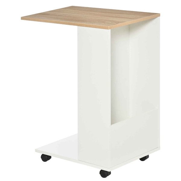 HOMCOM C-Shaped Sofa Side Table Mobile End Table with Storage and Wheels for Living Room， Bedroom， Office