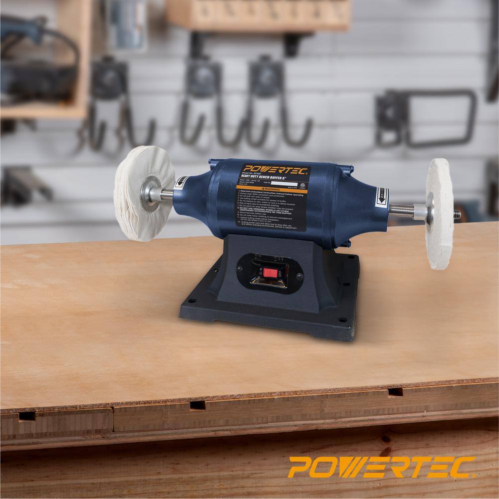 POWERTEC 6 in. Heavy-Duty Bench Buffer Polisher Buffing and Polishing Machine for Metal Jewelry Knives Wood Jade and Plastic BF600