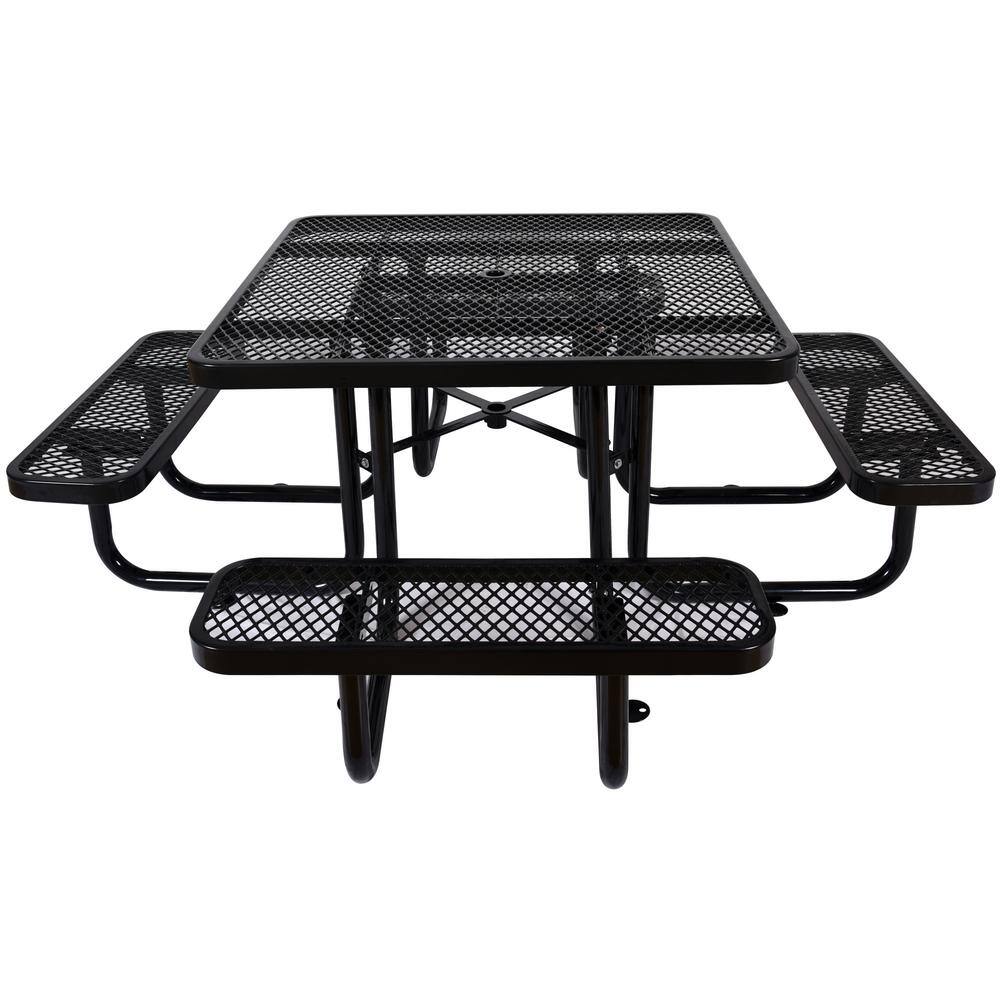 Cesicia Black 82.9 in. Square Outdoor Steel Picnic Table with Umbrella Pole in Black M23od526Mc12