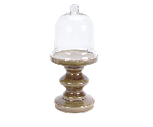 Distressed Finish Ceramic Brown Pedestal With Glass Dome Table Top Decoration