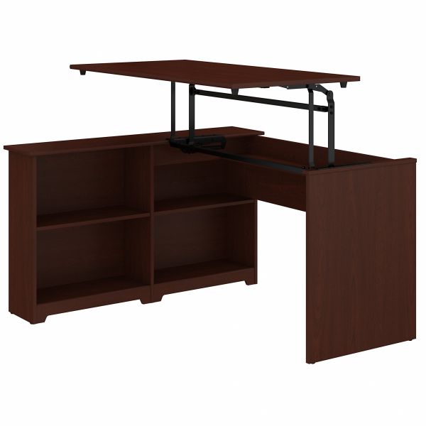 Bush Furniture Cabot 52W 3 Position Sit to Stand Corner Bookshelf Desk in Harvest Cherry