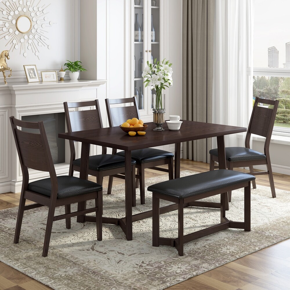 6 Piece Wood Dining Table Set with 4 Upholstered Chairs and Bench  Dark Brown