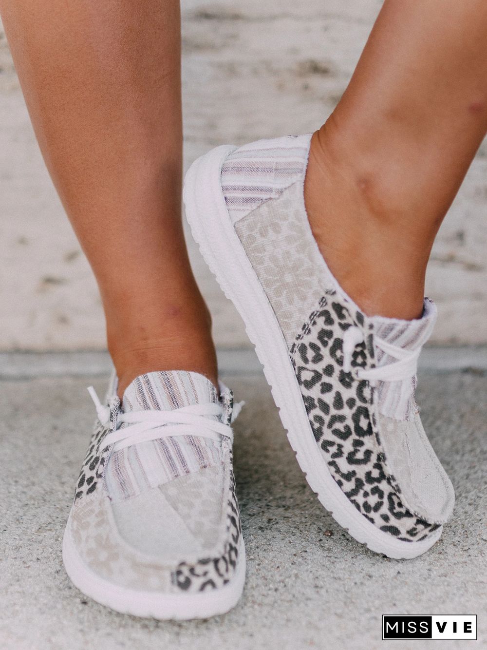 Striped Leopard Print Floral Panel Canvas Flats