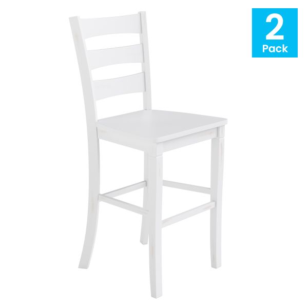 Liesel Set of 2 Commercial Grade Wooden Classic Ladderback Bar Height Barstool with Solid Wood Seat， Antique White Wash