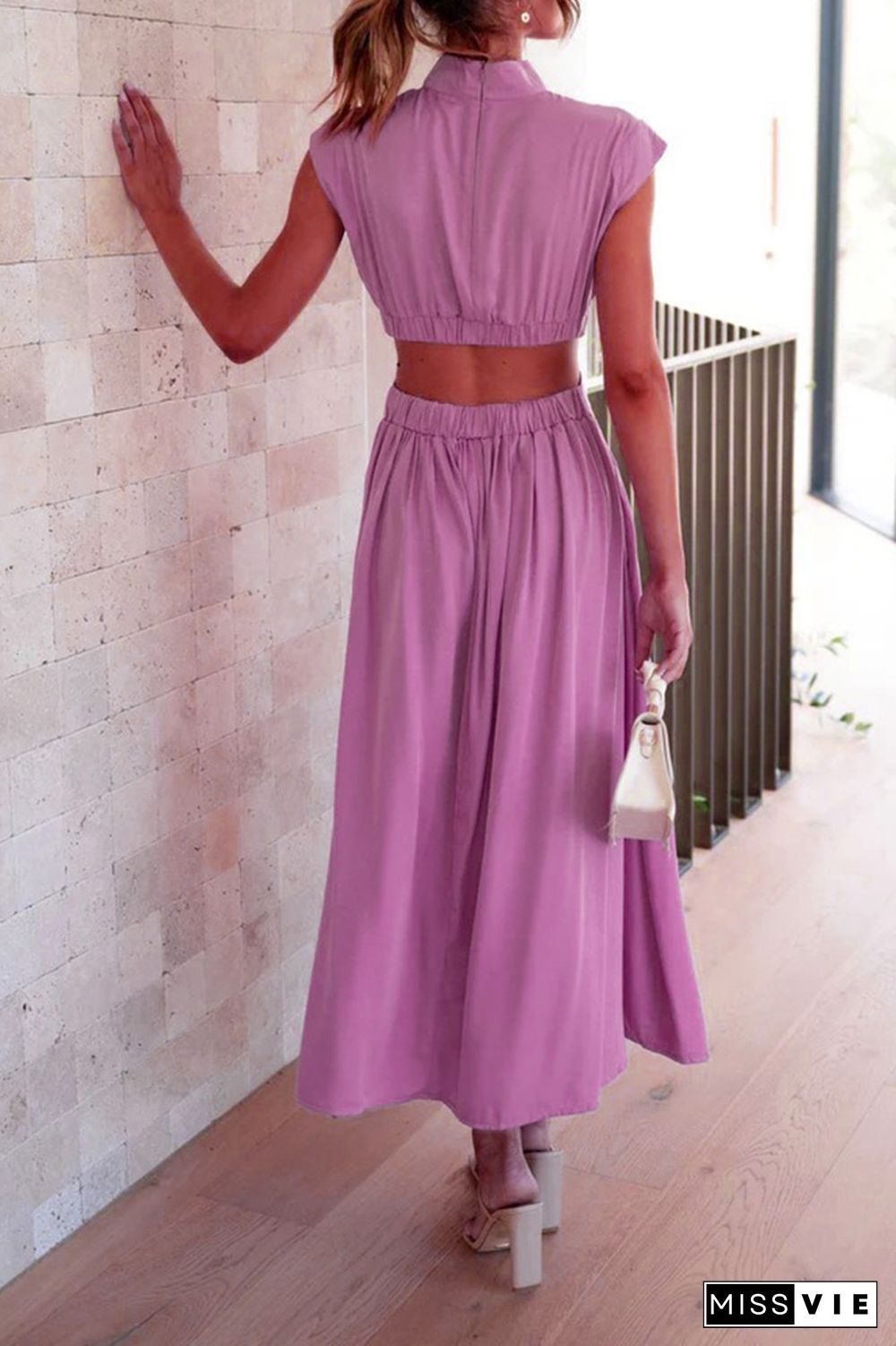 Plain Frilled High Collar Cut Out Waist Maxi Dress