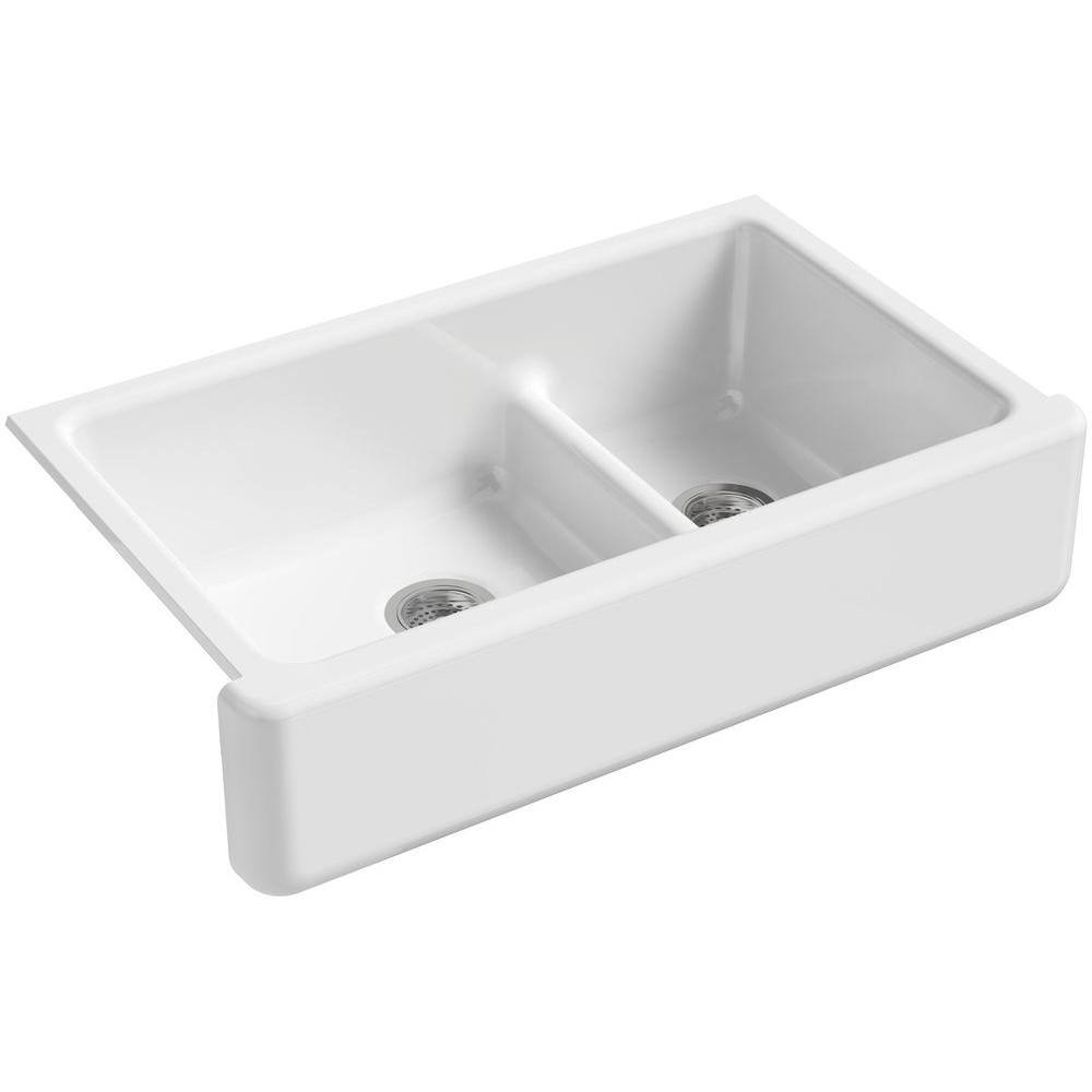 KOHLER Whitehaven Smart Divide Self-Trimming Farmhouse Apron Front Cast Iron 36 in. Double Bowl Kitchen Sink in White K-6427-0