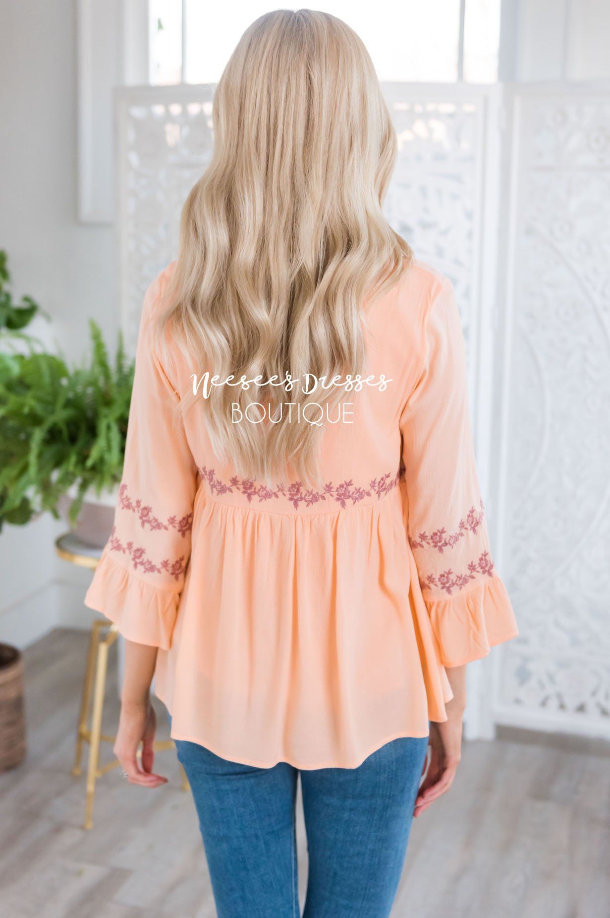 Bright Coral Flounce Embroidered Blouse