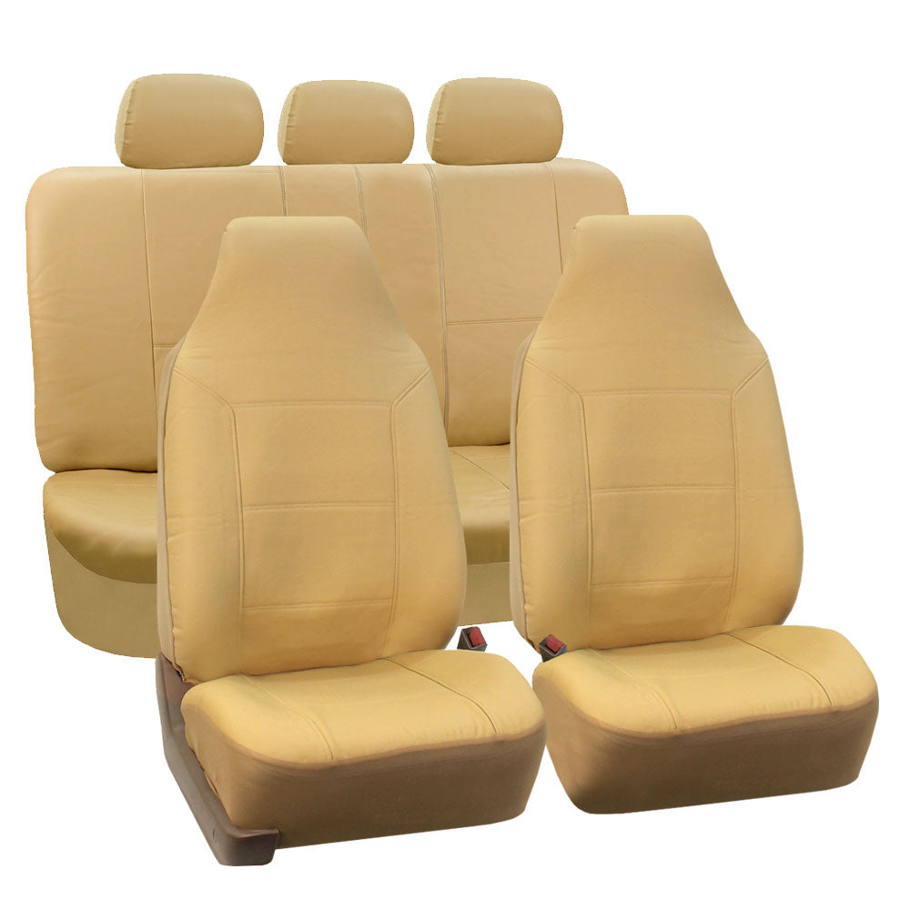 FH Group PU Leather Highback Royal PU Leather Seat Covers， Full Set with Carpet Floor Mats， Tan