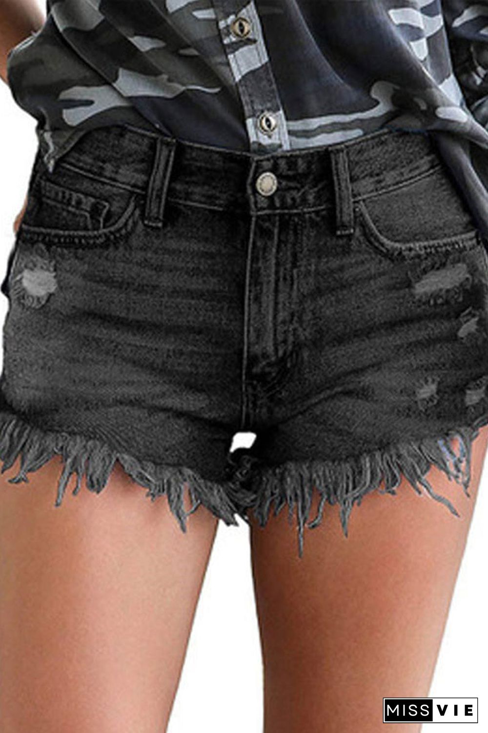 Denim Tassel High Waist Hole Distressed Shorts