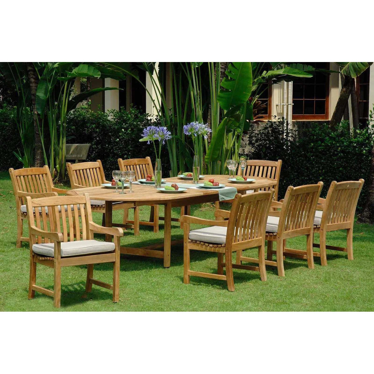 Harbour Teak Outdoor Dining Set (Teak Extendable Oval Table 71-95 with 6 Sanur Woven Armchairs)