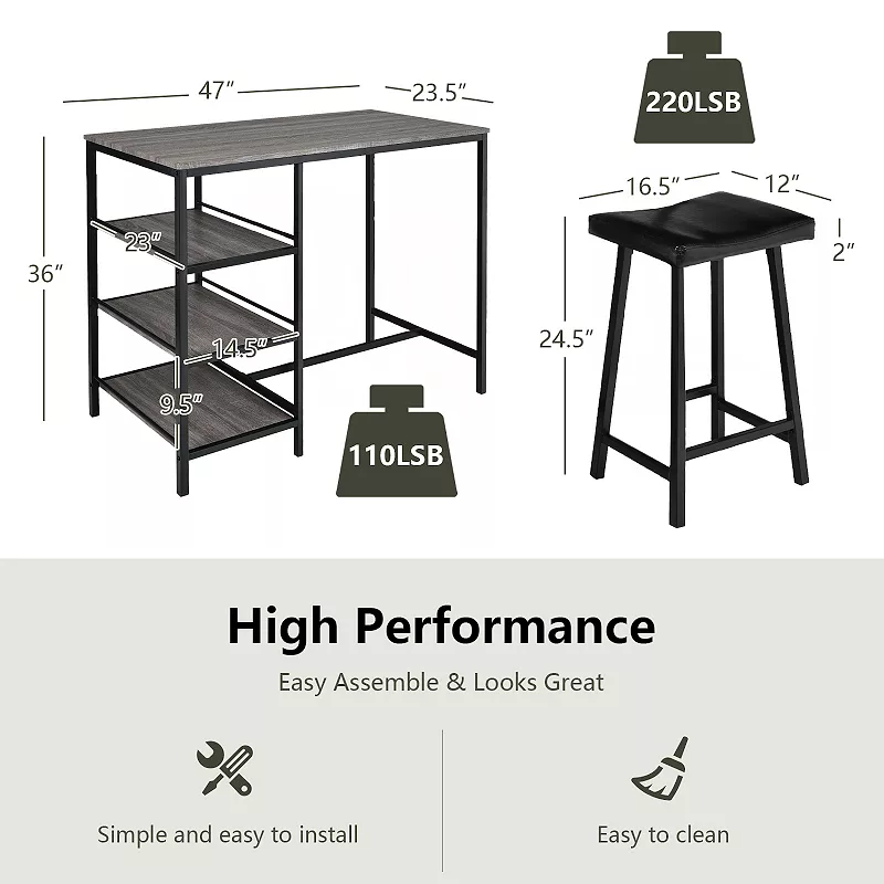 3 Pieces Counter Height Dining Bar Table Set With 2 Stools And 3 Storage Shelves