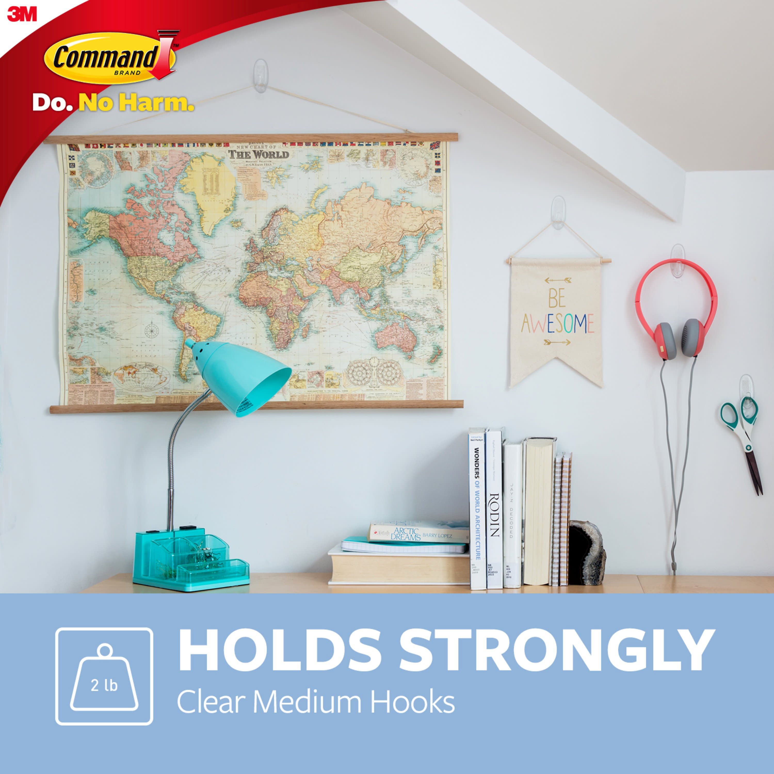 Command Medium Wall Hooks, Clear, Damage Free Decorating, 3 Hooks and 6 Command Strips