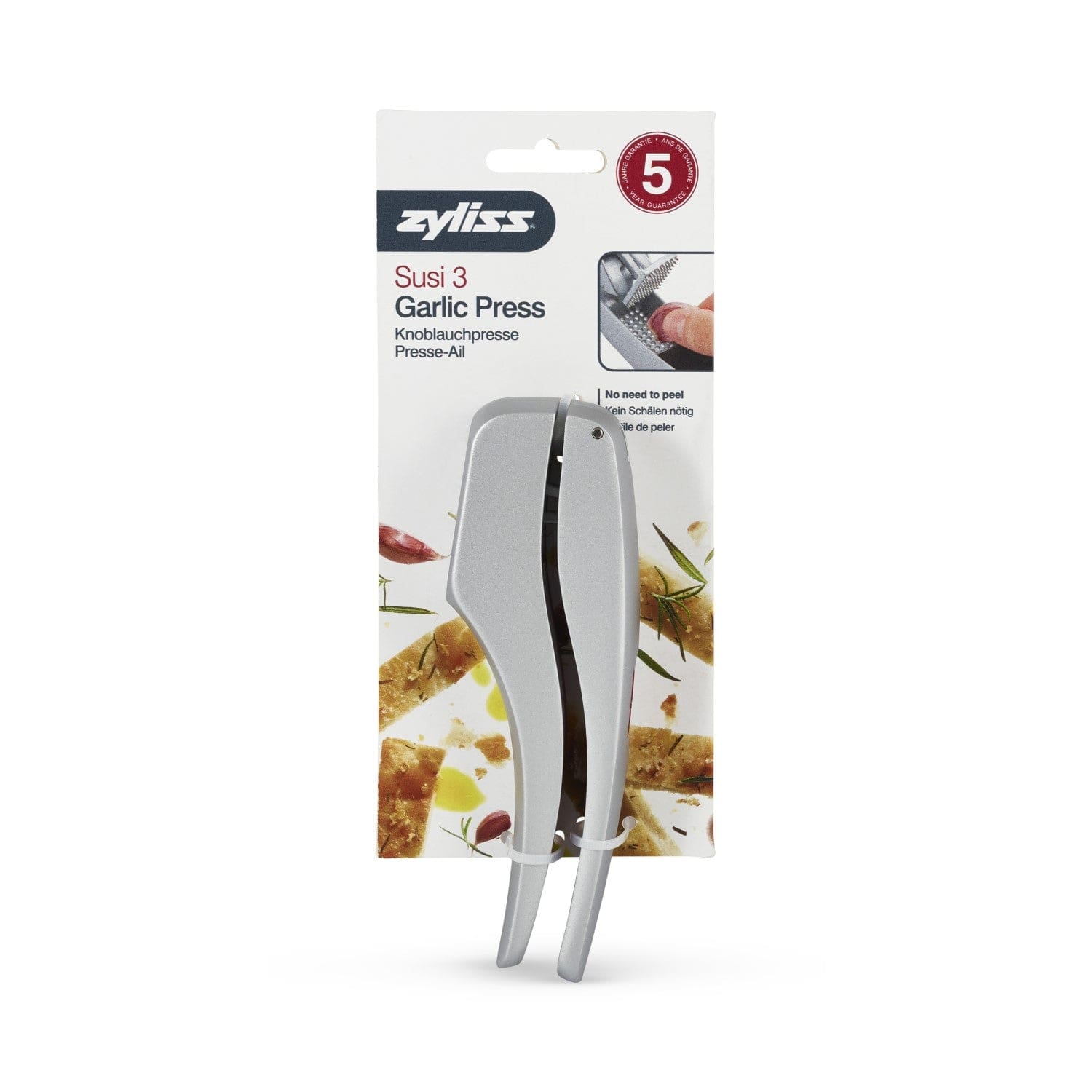 Zyliss Susi 3 Garlic Press - With Built in Cleaner - Crusher, Mincer and Peeler, Cast Aluminum