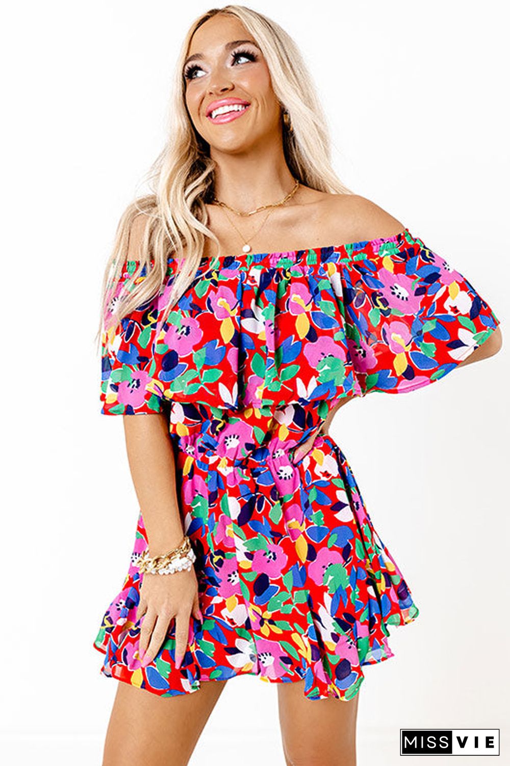 Red Floral Off Shoulder Short Sleeves Ruffle Romper