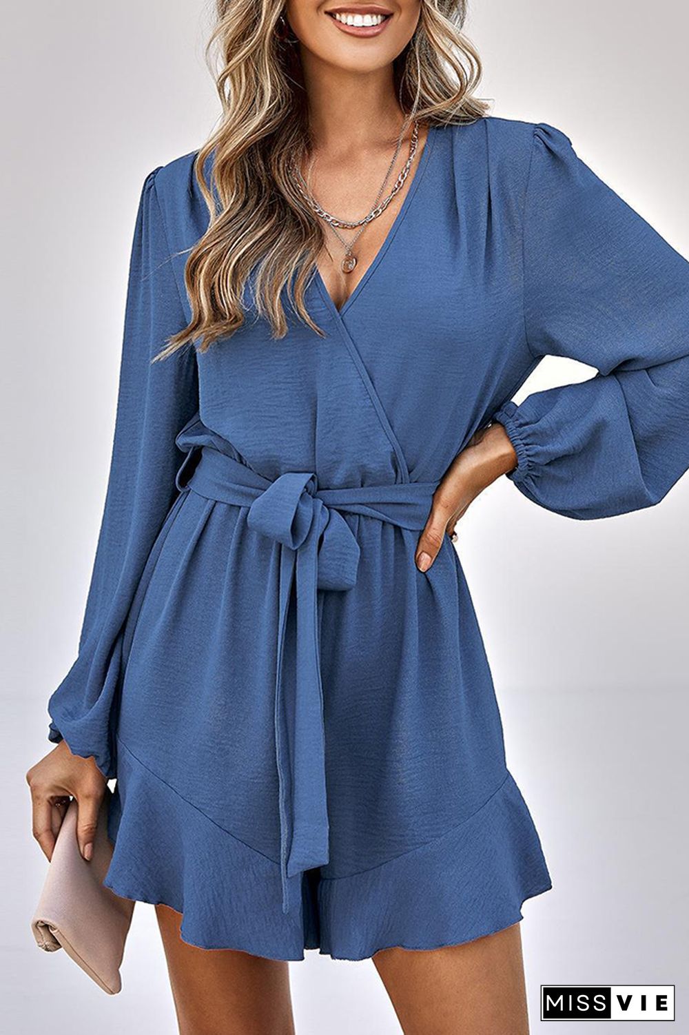 V Neck Long Sleeve Waist Tie Knot Jumpsuit