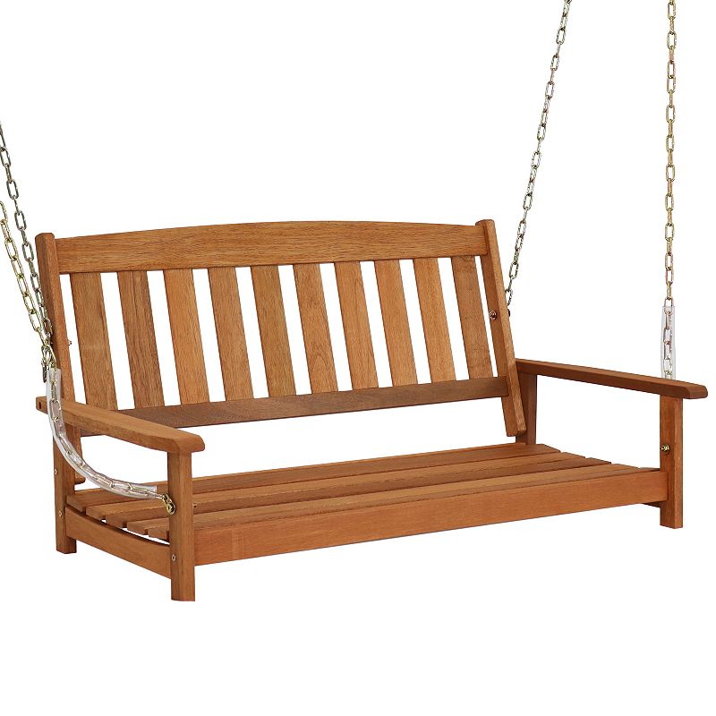 Sunnydaze 2-Person Hanging Bench with Armrests/Chains - Meranti Wood