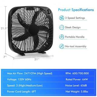 Aoibox 20 in. Box Portable Floor Fan with 3 Speed Settings and Knob Control for Home Garage Greenhouse Workshop HDDB592