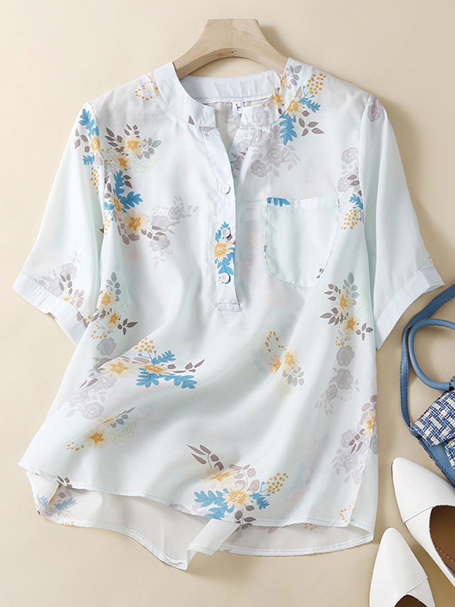 Casual Floral Print Cotton Linen Crew Neck Short Sleeve Blouse