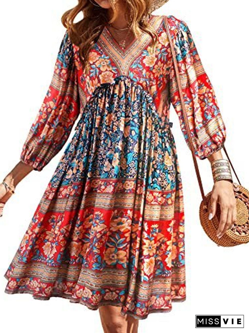 Bohemian Print V-neck Bubble Sleeve Big Swing National Style Dress Women's Wear