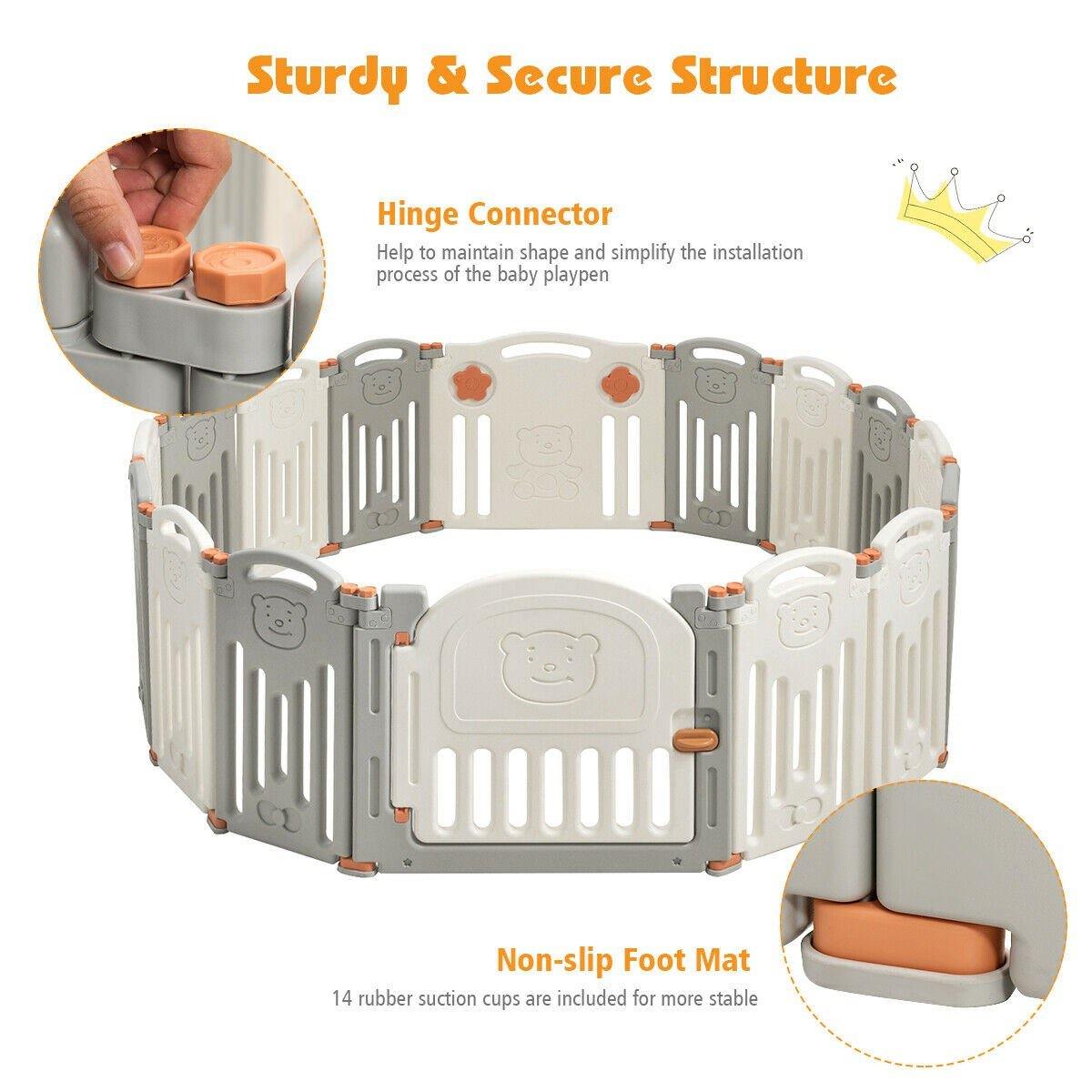 Costzon Baby Playpen, 16-Panel Foldable Baby Fence w/Locking Gate (Beige + Gray, 16-Panel)