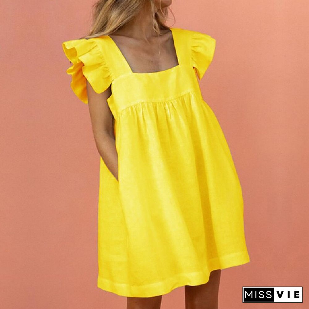 Women Ruffled Mini Dress Summer Cute Square Collar Pocket Dresses Elegant Butterfly Sleeve Beach Party Female Dresses Vestidos