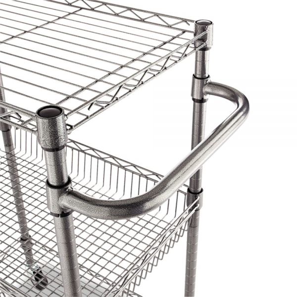 Alera Three-Tier Wire Cart with Basket， Metal， 2 Shelves， 1 Bin， 500 lb Capacity， 28