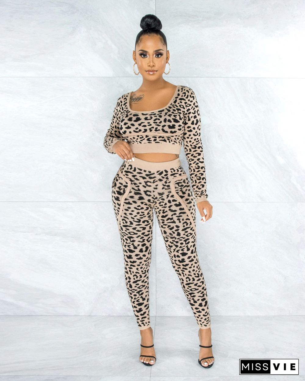 Winter Leopard Print Long Sleeve Top Pants Two-piece Suit