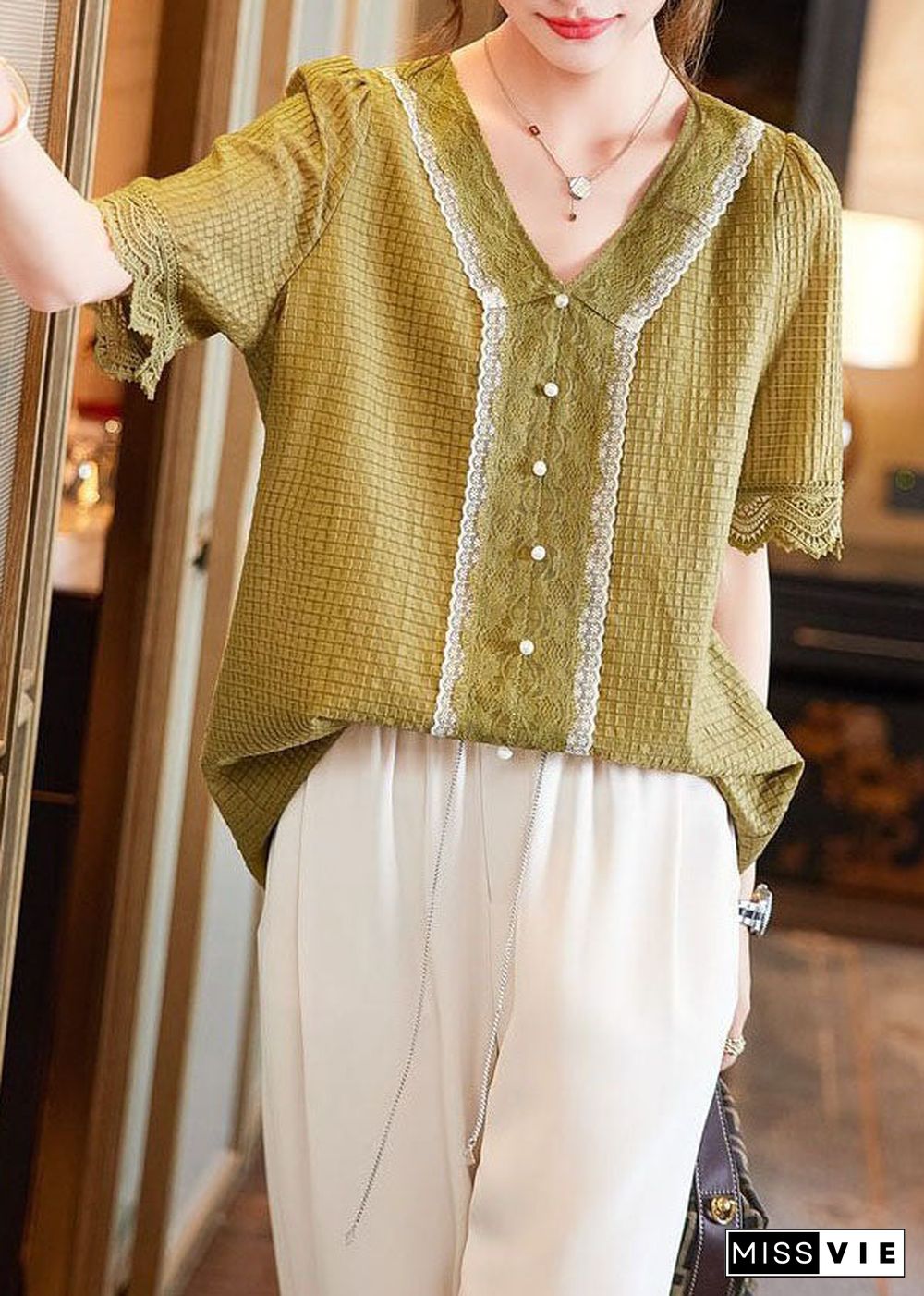 Classy Yellow V Neck Lace Nail Bead Patchwork Cotton Shirt Summer