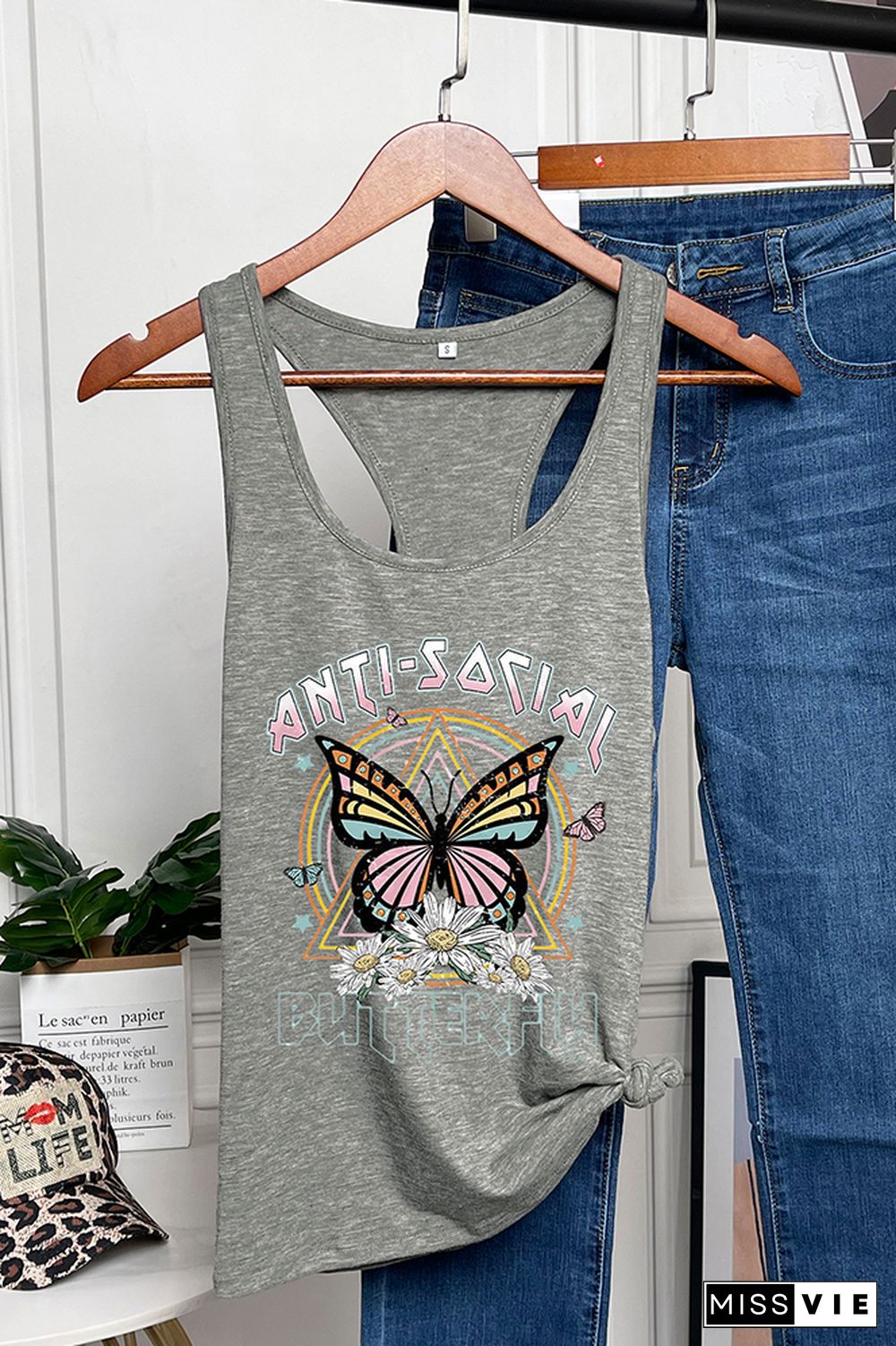 Retro Anti Social Butterfly Printed Sleeveless Tank Top Wholesale