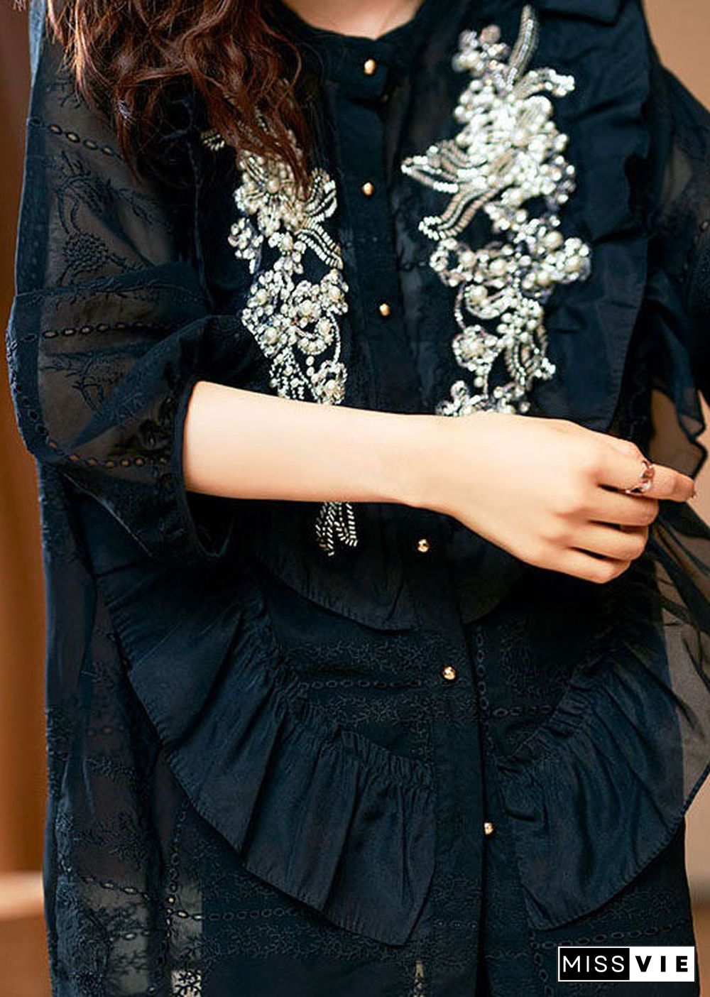 Unique Black Ruffled Nail Bead Patchwork Chiffon Shirts Spring