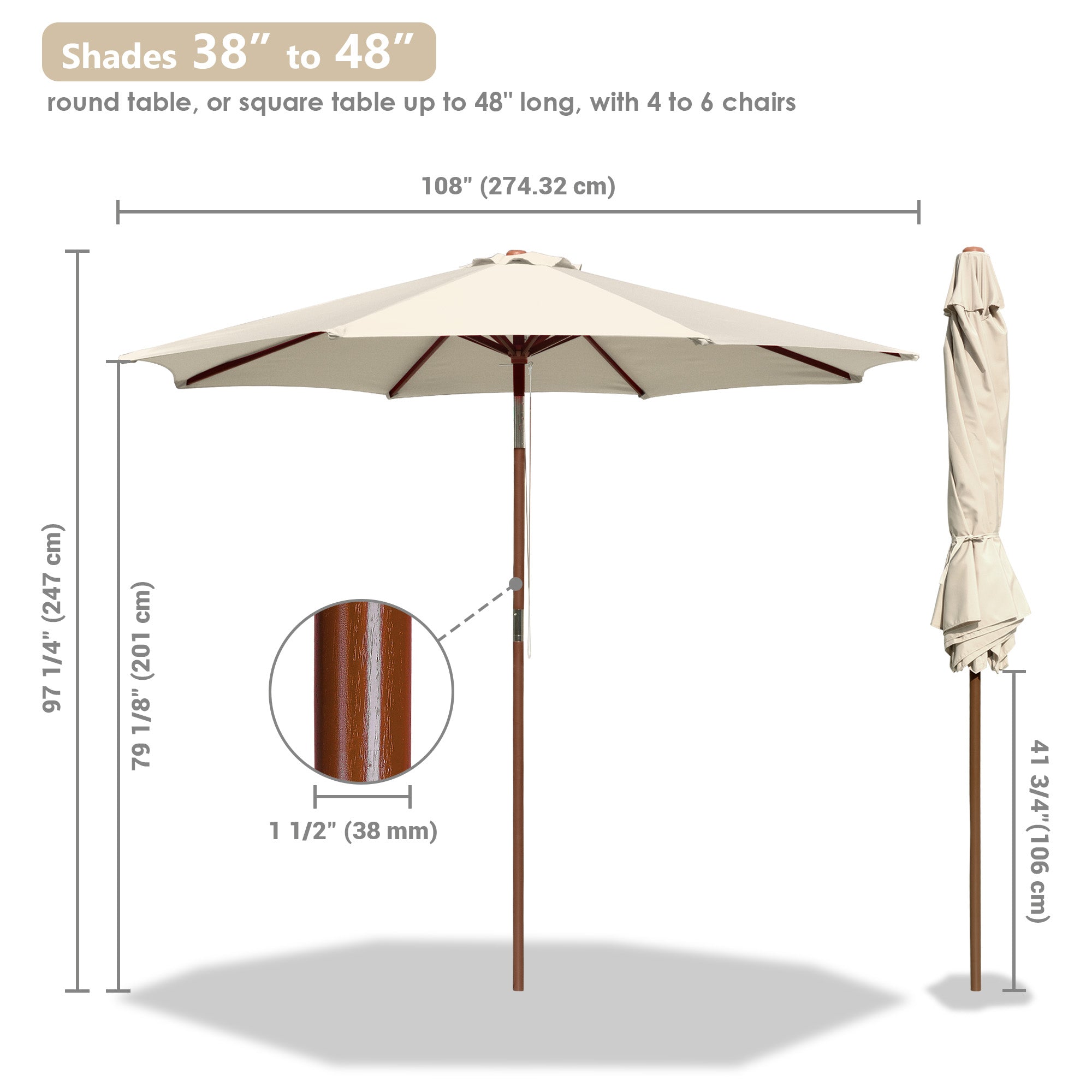 LAGarden 9 Ft Wooden Patio Umbrella 8 Ribs Easy Tilt Table Parasol Outdoor Backyard Pool