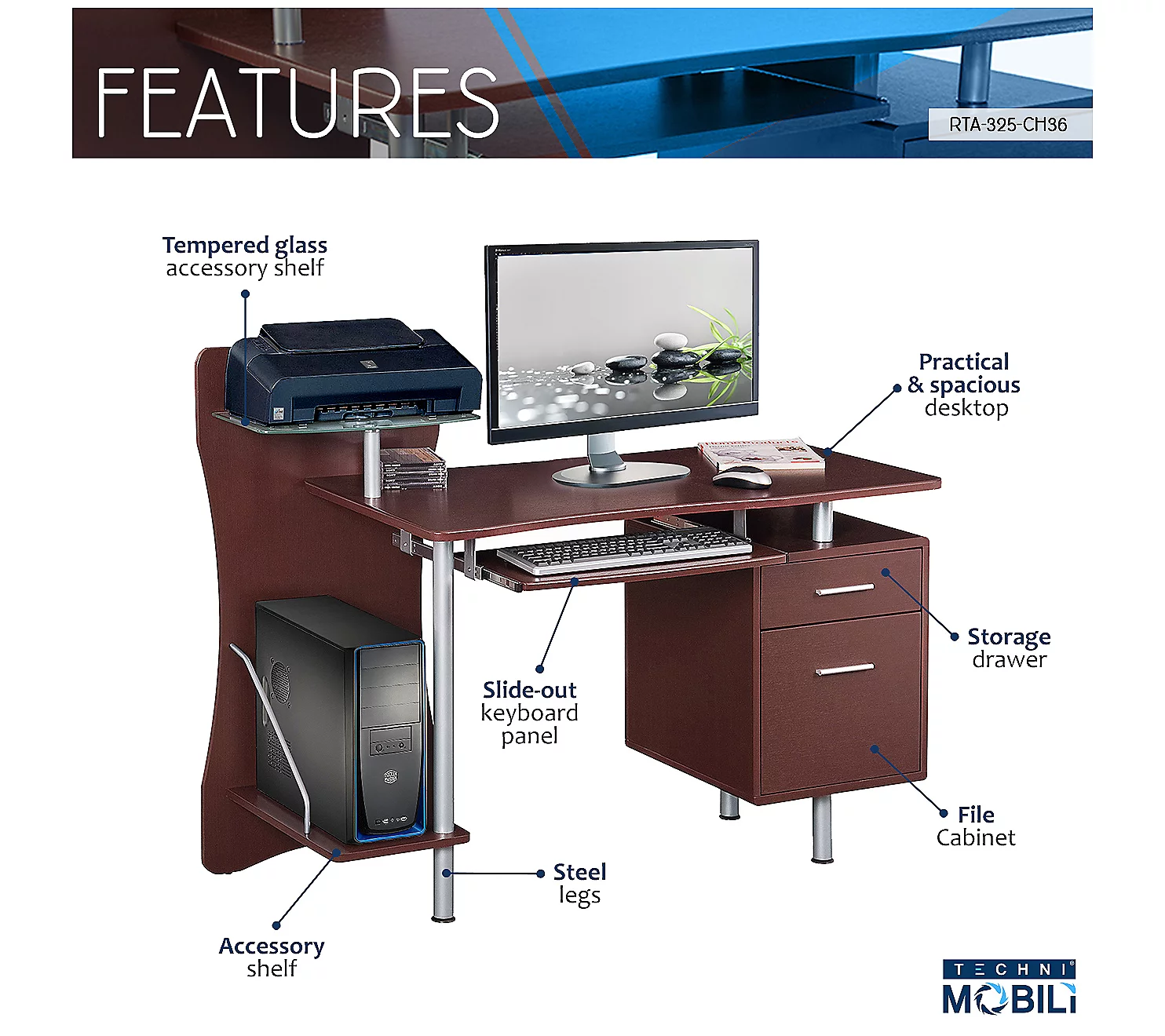 Techni Mobili Stylish Computer Desk with Storage and Glass Shelf