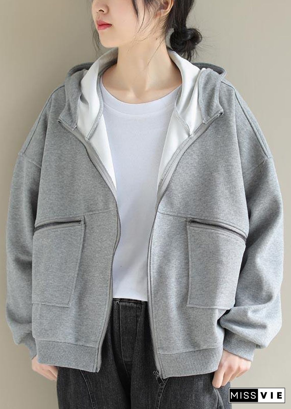 Simple Light Gray Fashion Coat For Woman Tops Hooded Zip Up Spring Coats