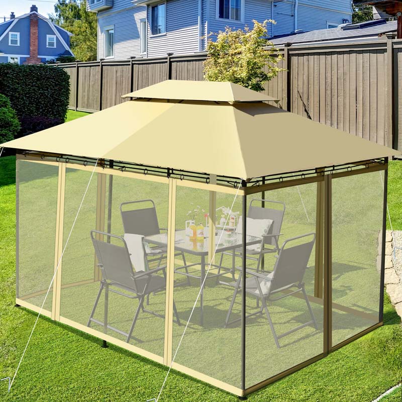 10 x 13 FT Steel Patio Gazebo with Mesh Curtains, 2 Tier Vented Roof Outdoor Canopy Gazebo Tent