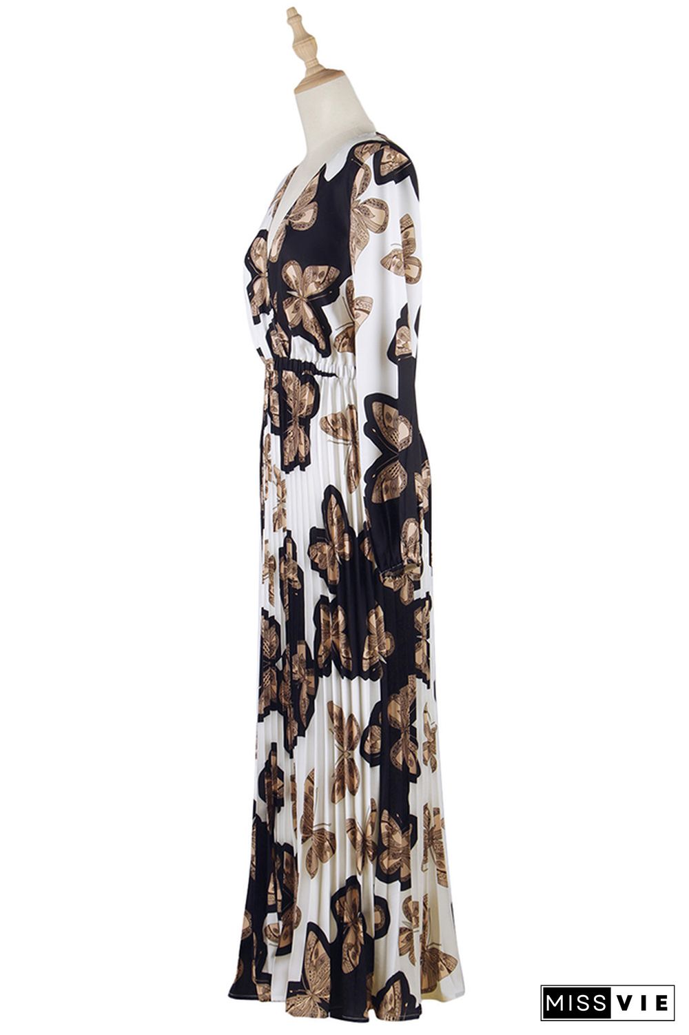 Surplice V Neck High Waist Butterfly Print Pleated Maxi Dress