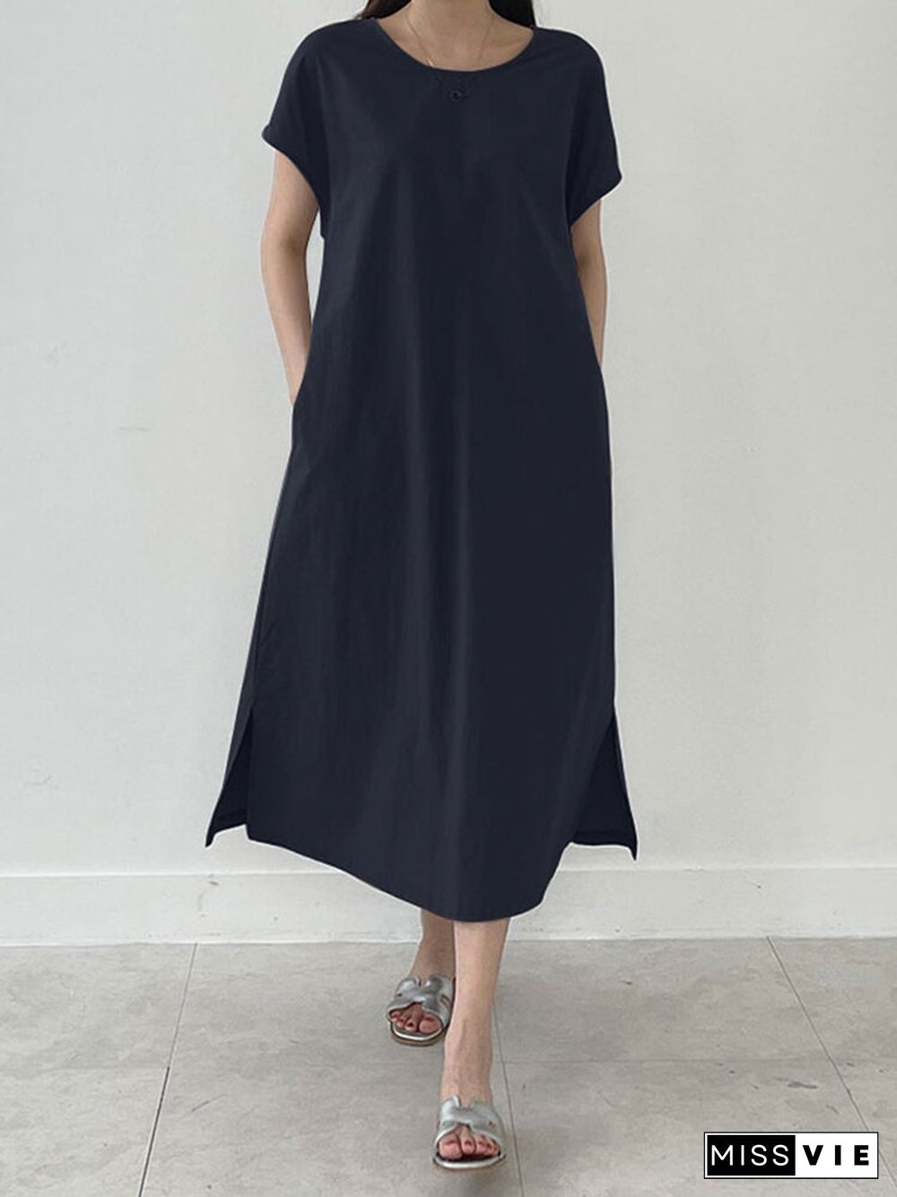 Cotton Solid Split Pocket Short Sleeve Casual Midi Dress