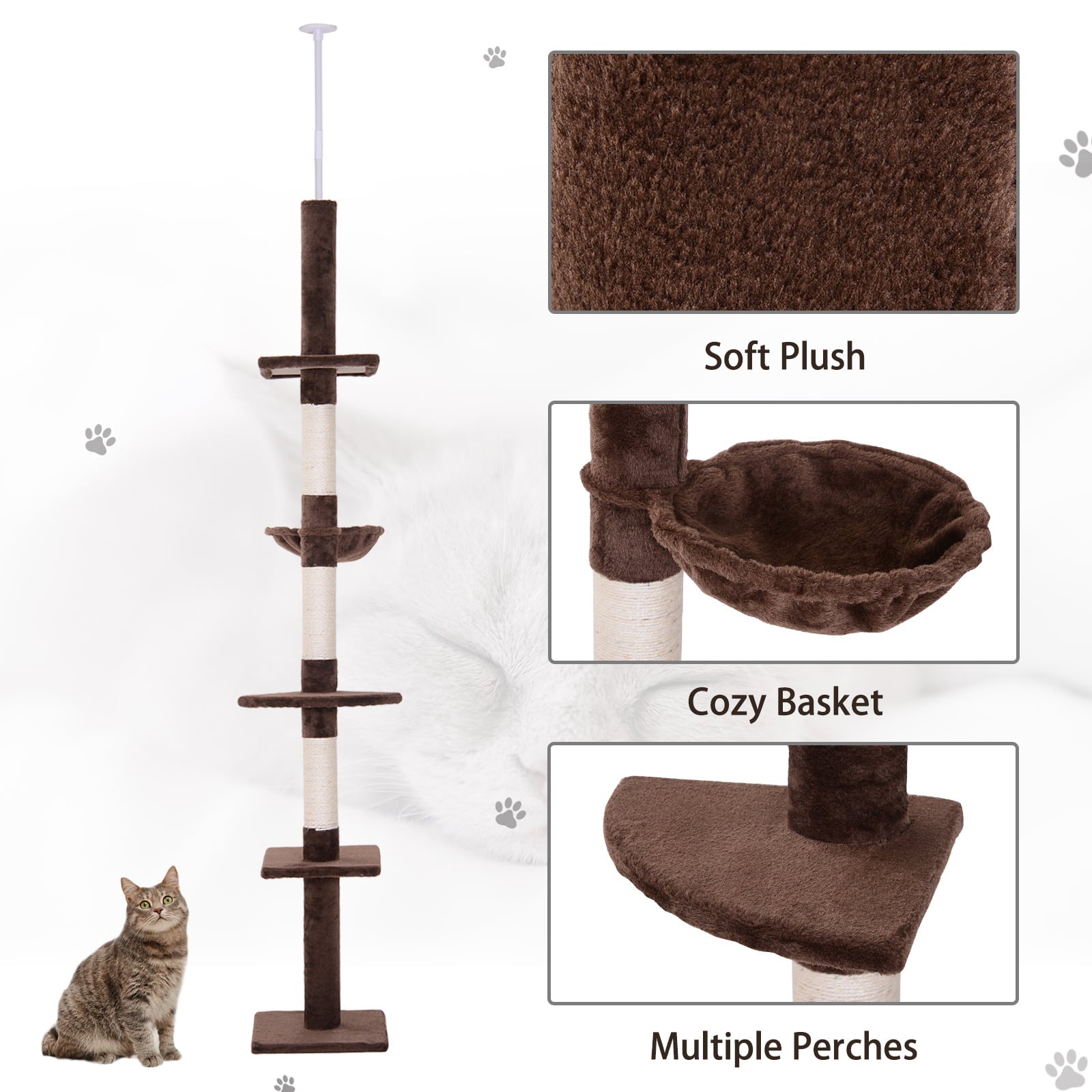 Pawhut 9' Adjustable Height Floor-To-Ceiling Vertical Cat Tree - Brown and White