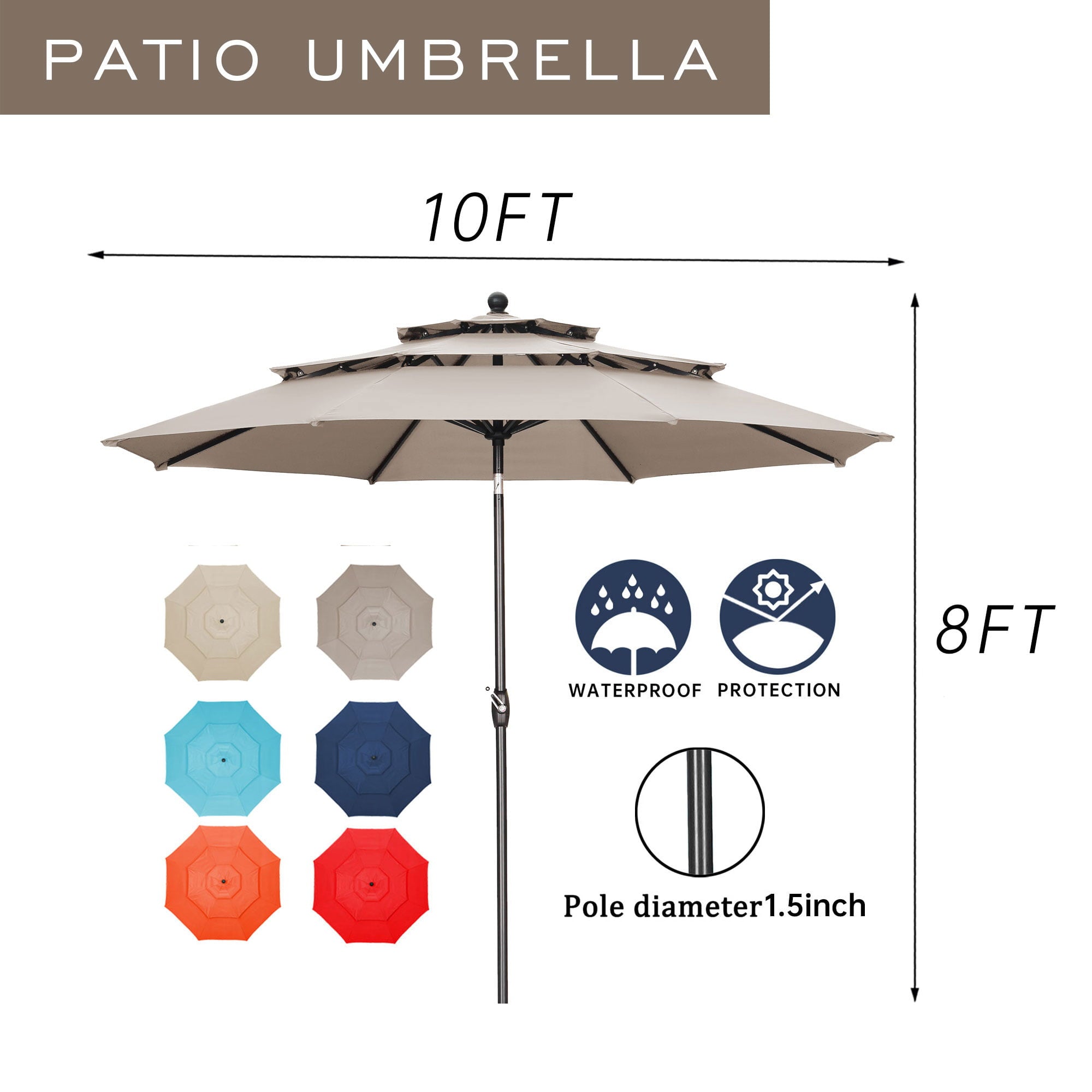 Autlaycil Patio Umbrella 10FT Outdoor Umbrella W/ 3 Tiers,Adjustable Outdoor Market Umbrella W/ Crank and Tilt,Table Umbrella for Garden, Lawn, Backyard and Pool, Coffee