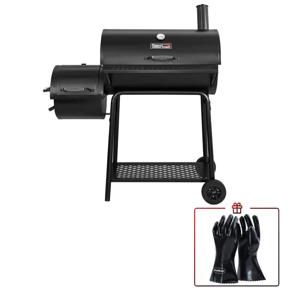 Royal Gourmet Charcoal Grill in Black with Offset Smoker with High HeatResistant BBQ Gloves