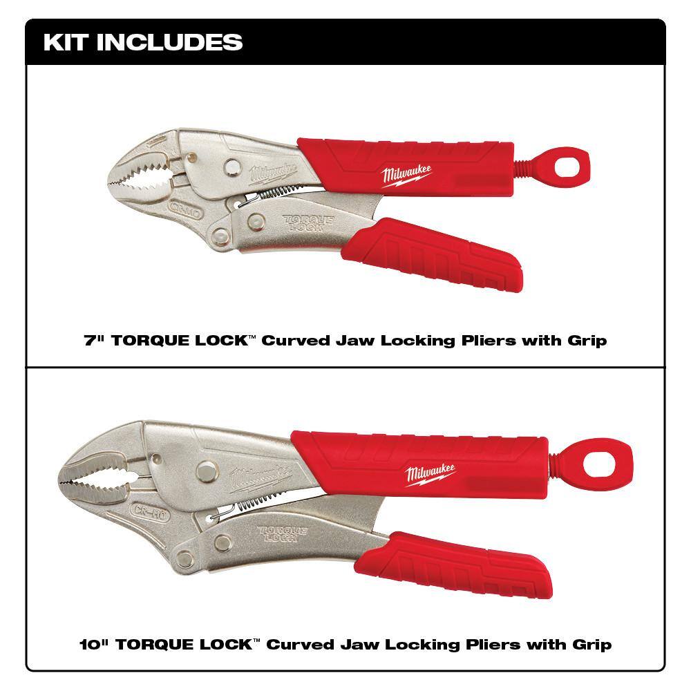 MW 8 in. Comfort Grip Long Nose Pliers with 7 in. and 10 in. Torque Lock Curved Jaw Locking Plier Set with Grip (3-Piece) 48-22-6101-48-22-3402