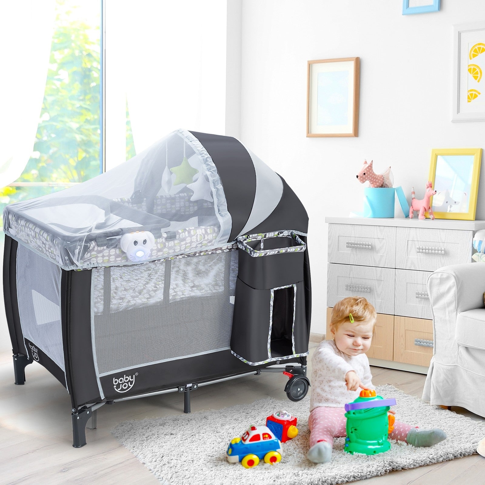 BABY JOY 4 in 1 Pack and Play with Adjustable Net, Portable Nursery Center Playard with Bassinet (Grey)