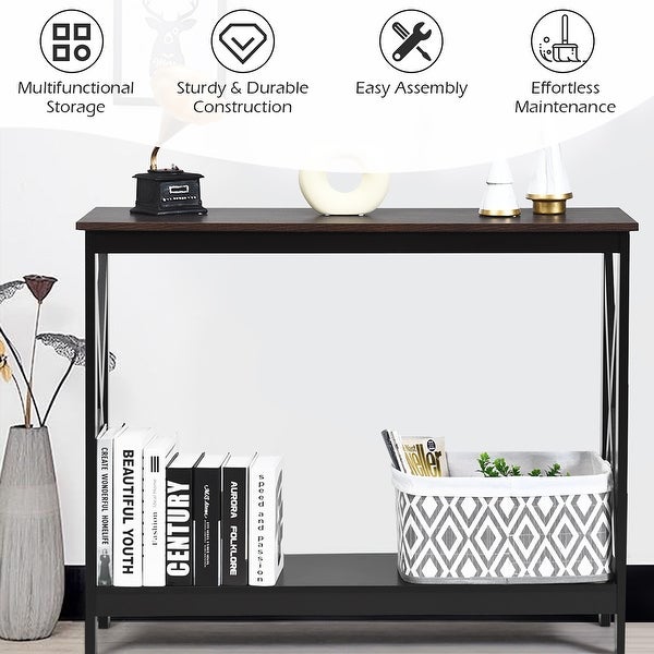 Costway 2-Tier Console Table x-Design Bookshelf Sofa Side Accent Table